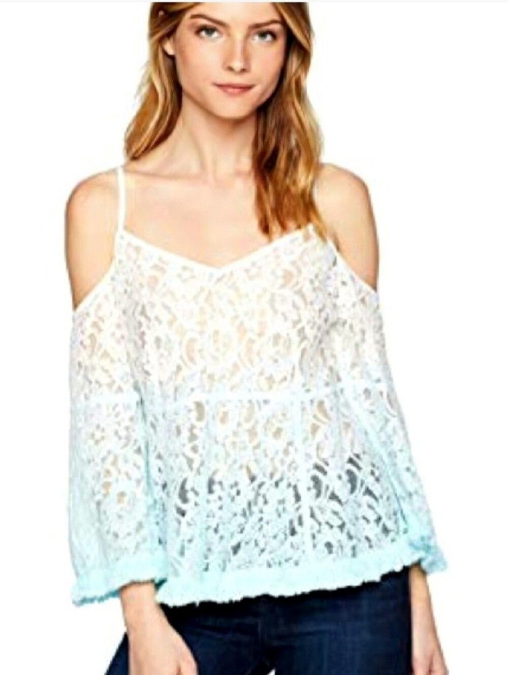 Guess Nissi White Aqua Paradise Ombre Sheer Lace Camisole Top Bell Sleeves Small